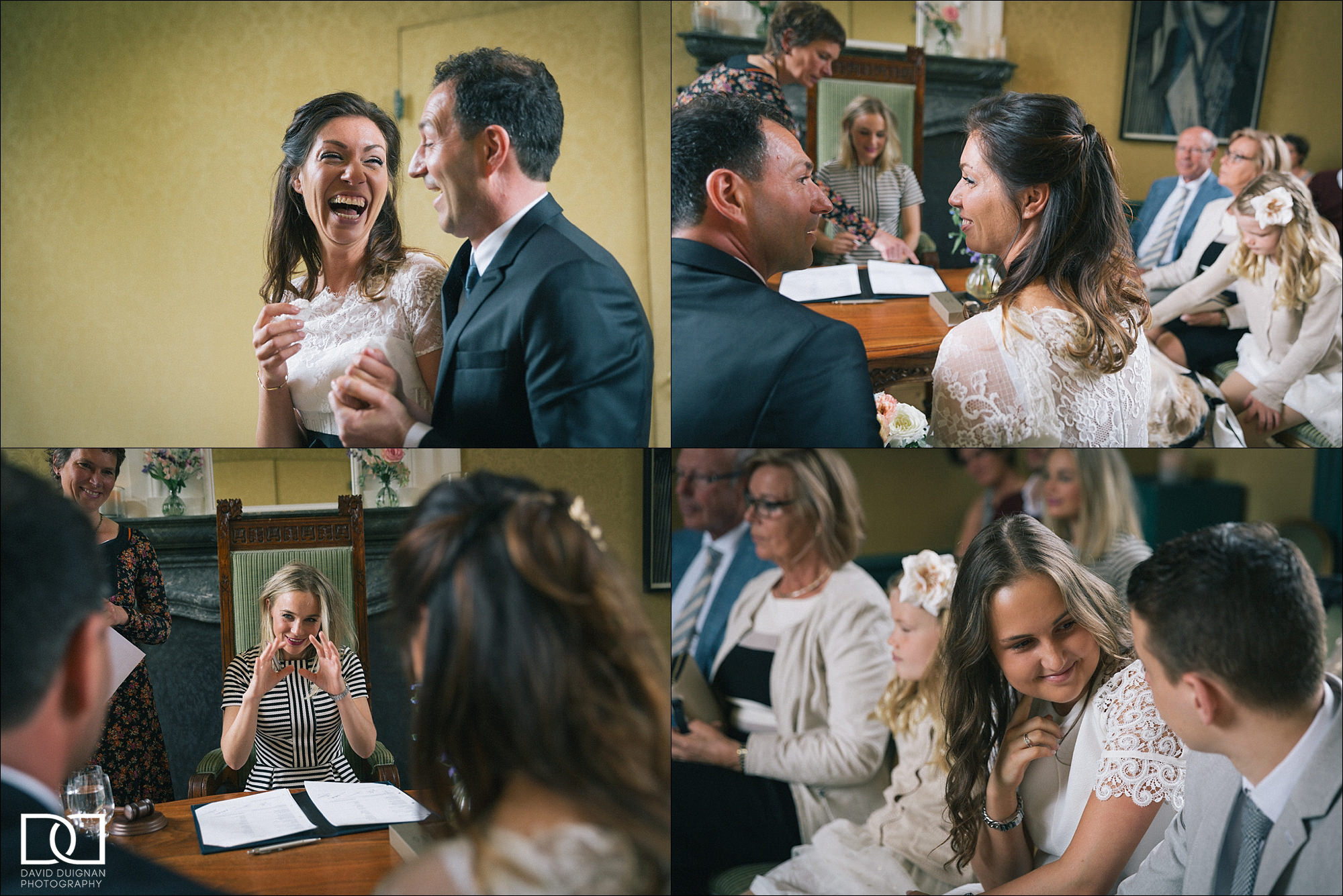 wedding guests laughing during ceremony