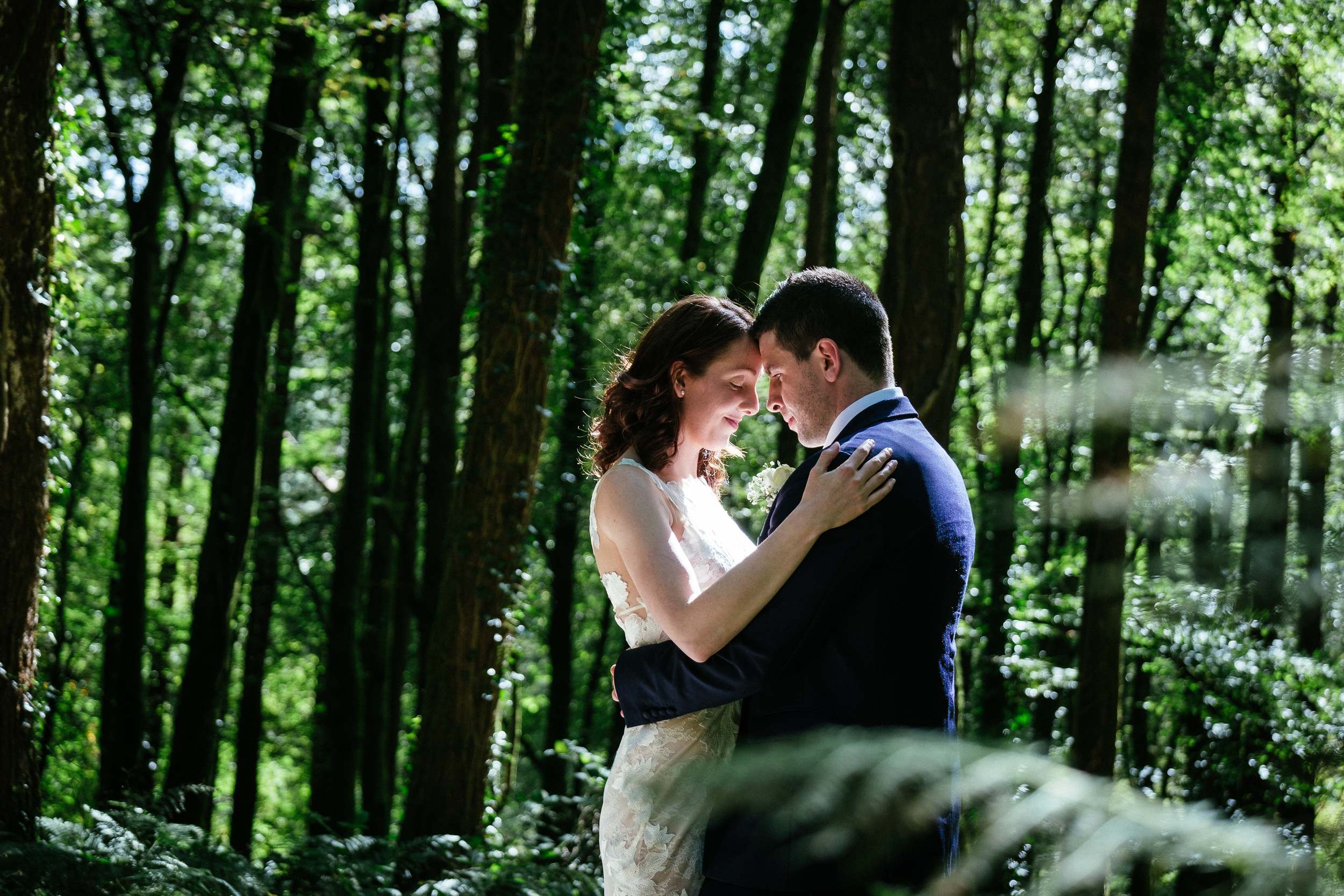 bride and groom embracing in a forest with sunlight filtering through the trees in county Cork Ireland after their Dunmore House Hotel wedding