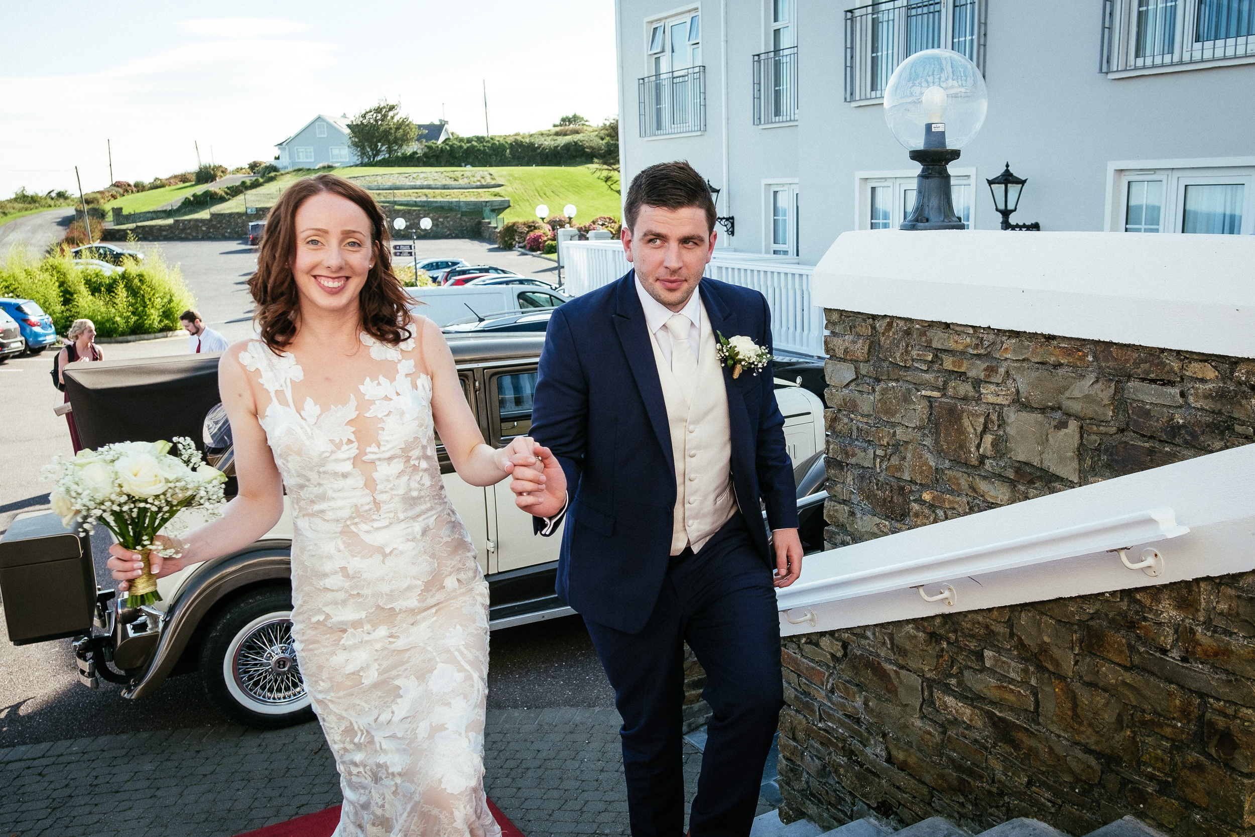 bride and groom arriving for their wedding at wedding at Dunmore House Hotel Cork