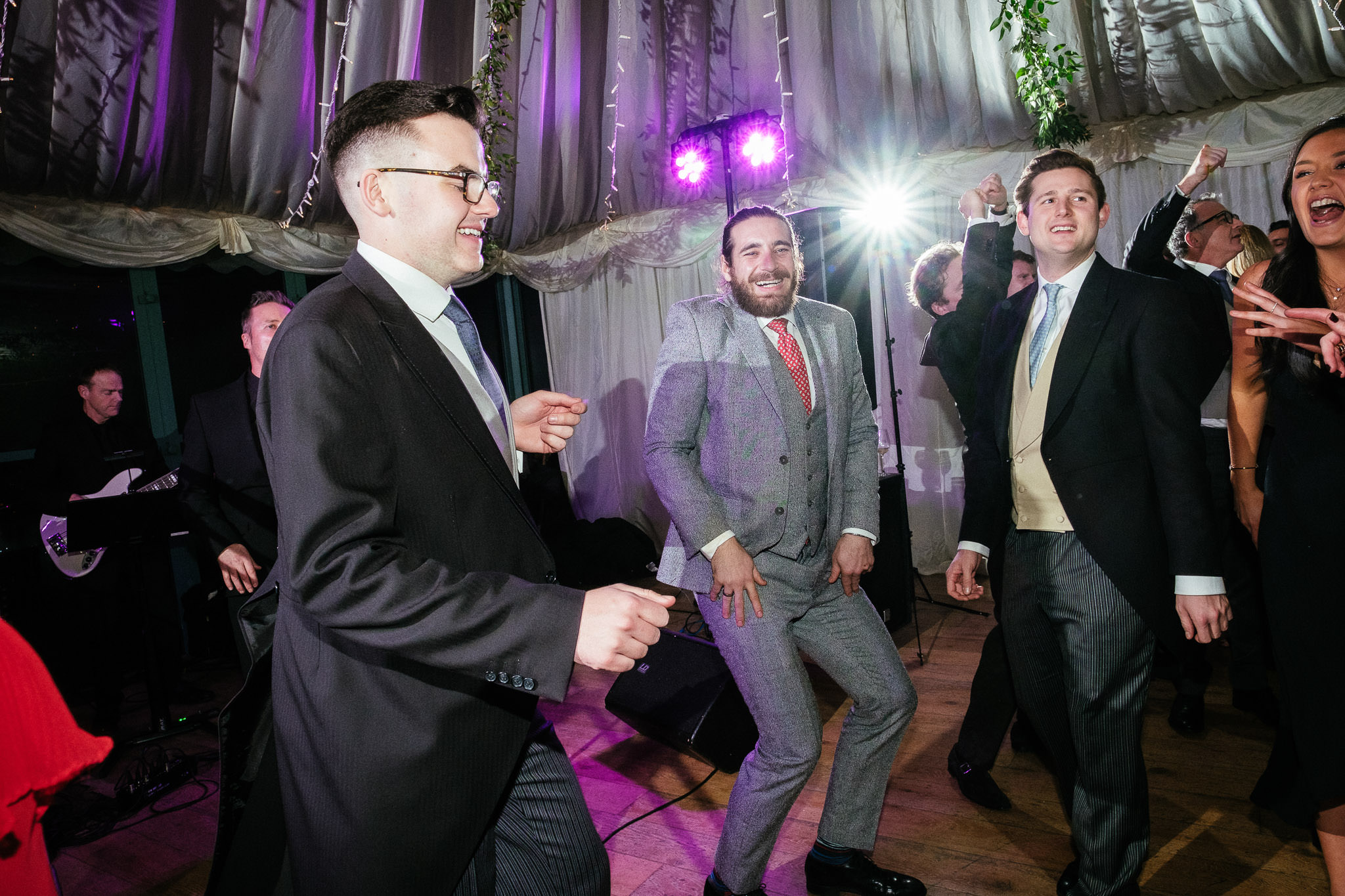 male guests dancing at virgina park lodge wedding