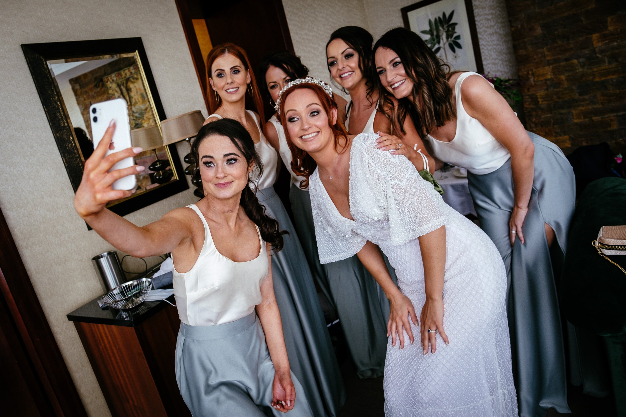 group selfie photo of bride and bridesmaids before their wedding at the Fota Island Resort Cork